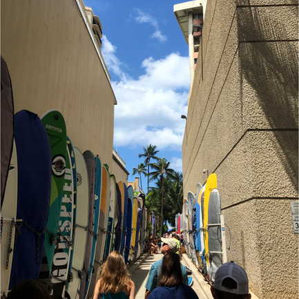 The walkway to the beach in Waikiki is lined with surfboards!