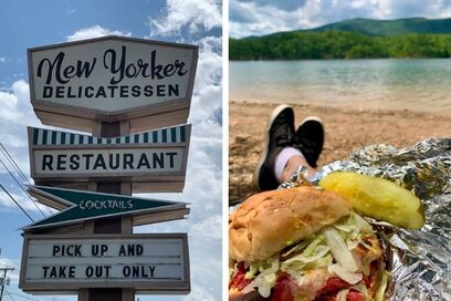 Enjoying lunch from the New Yorker Delicatessen at scenic Carvins Cove. 