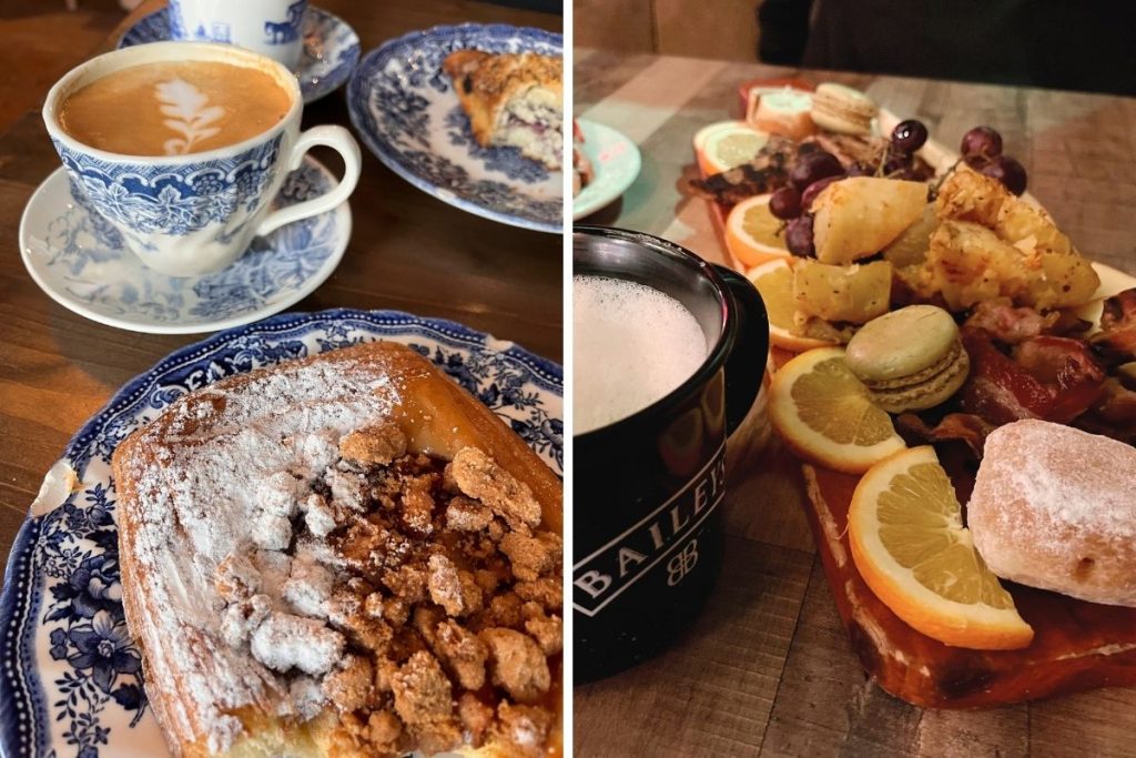 two photos, one with coffee and pastries and the other with a breakfast board filled with food
